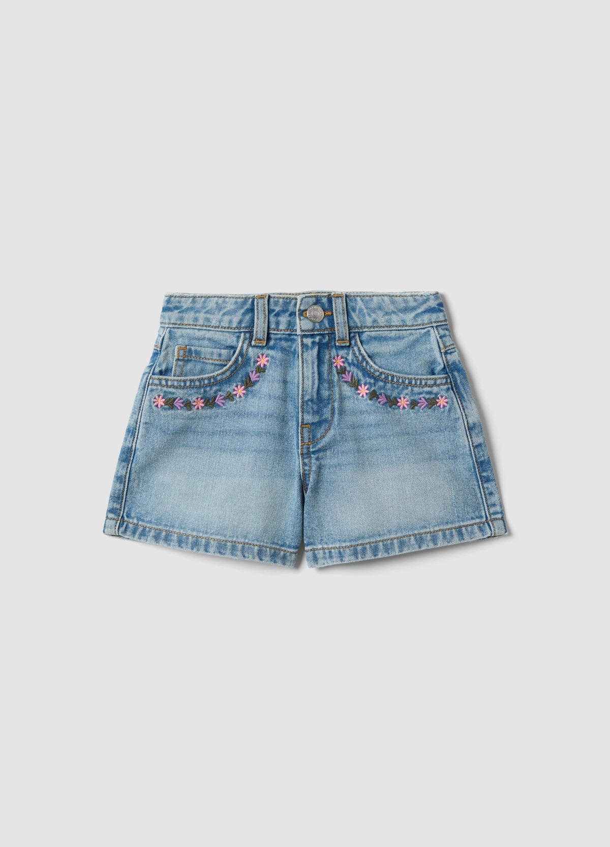 OVS Girls’ Blue Denim Cotton Shorts, Regular Fit With Embroidery
