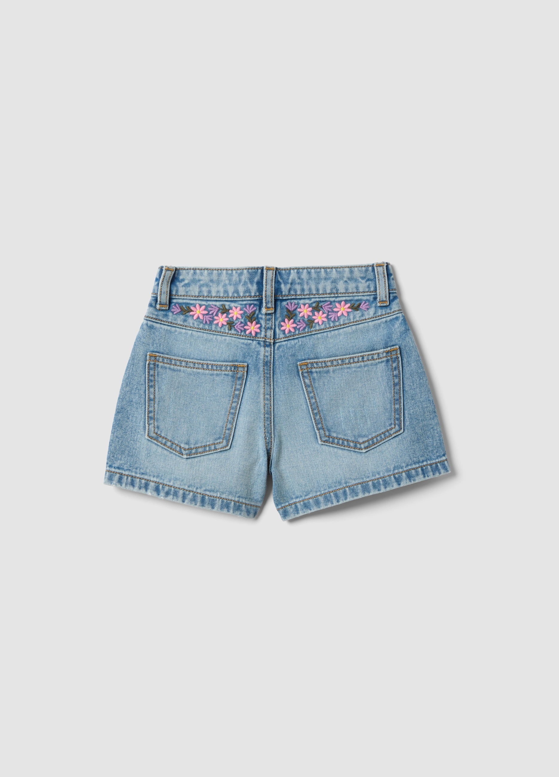 OVS Girls’ Blue Denim Cotton Shorts, Regular Fit With Embroidery