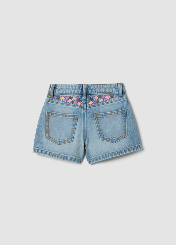 OVS Girls’ Blue Denim Cotton Shorts, Regular Fit With Embroidery