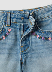 OVS Girls’ Blue Denim Cotton Shorts, Regular Fit With Embroidery