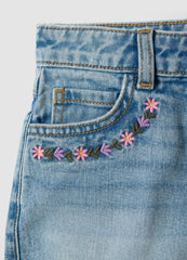 OVS Girls’ Blue Denim Cotton Shorts, Regular Fit With Embroidery