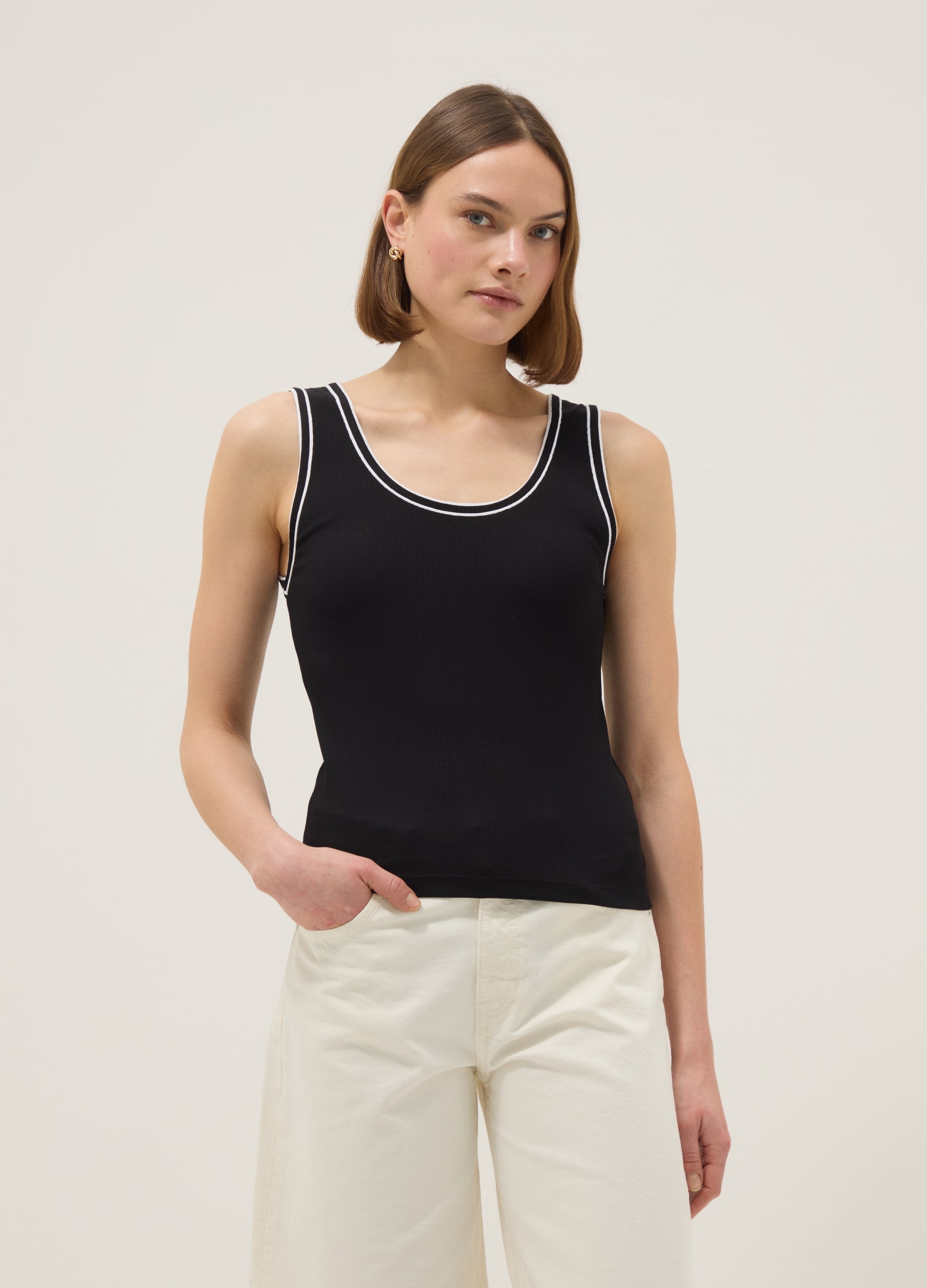 OVS Black Stretchy Cotton Regular Fit Tank Top With Trim