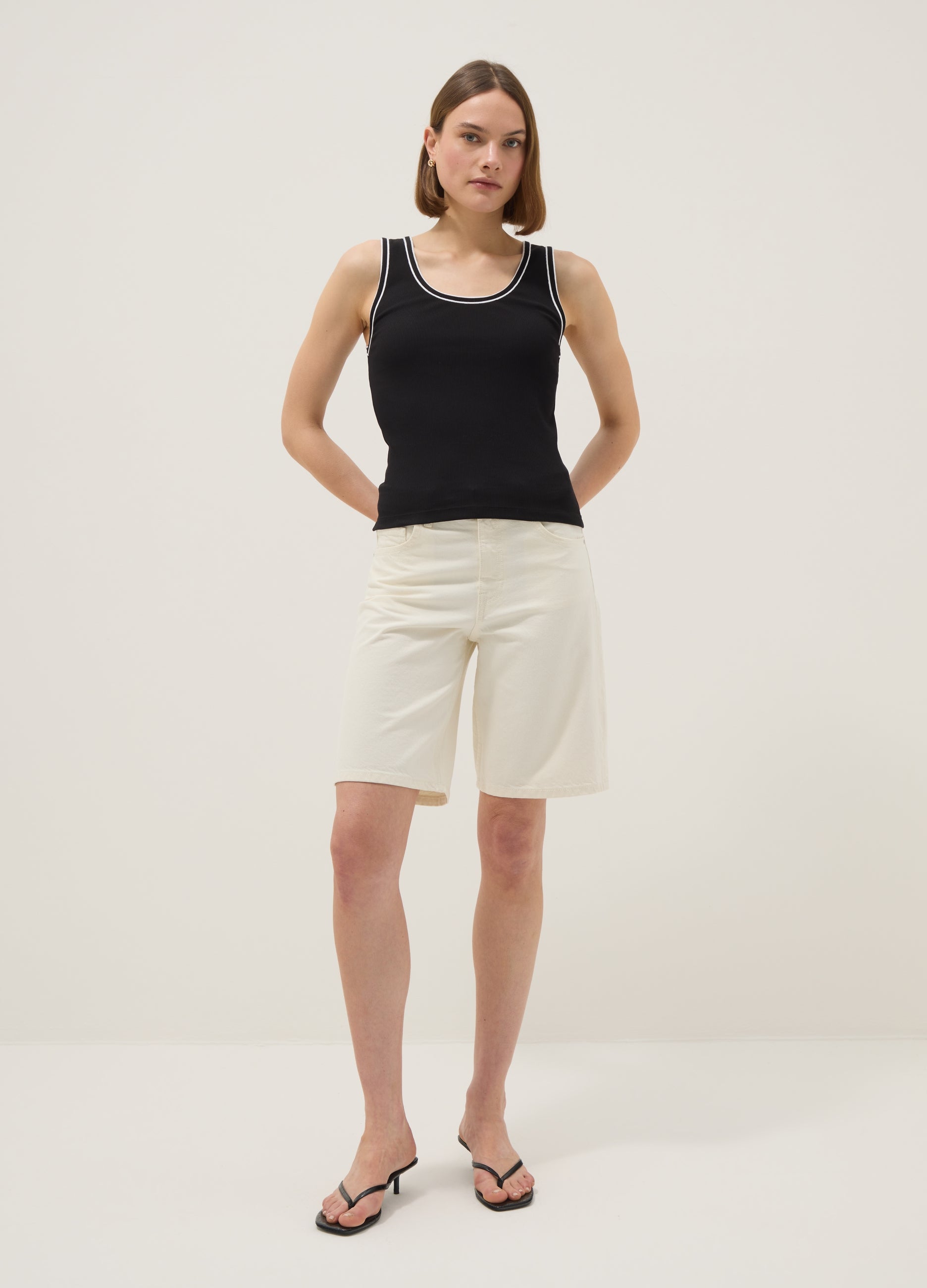 OVS Black Stretchy Cotton Regular Fit Tank Top With Trim