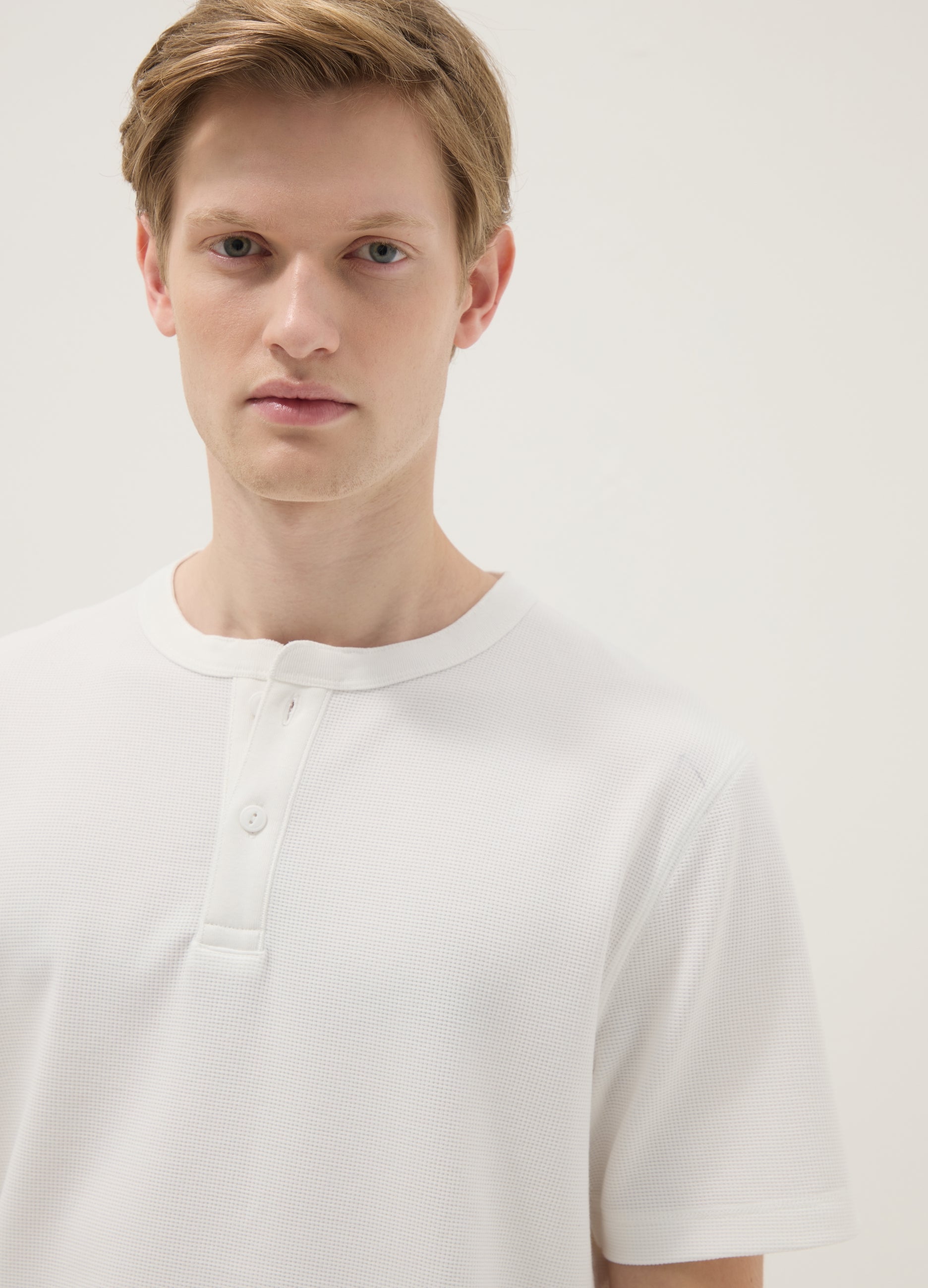 OVS White Short Sleeve T-Shirt Regular Fit With Henley Collar