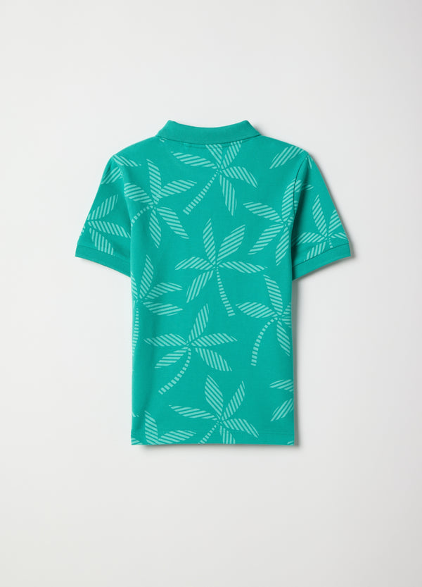 OVS Green Pure Cotton Boys Polo Shirt, Regular Fit, With Floral Design