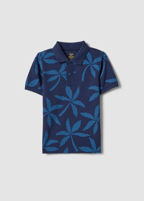 OVS Boys Blue Pure Cotton Polo Shirt, Regular Fit, With Floral Print