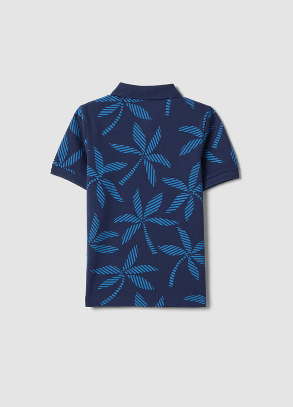 OVS Boys Blue Pure Cotton Polo Shirt, Regular Fit, With Floral Print