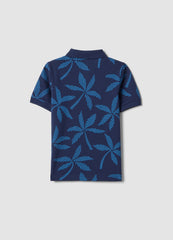 OVS Boys Blue Pure Cotton Polo Shirt, Regular Fit, With Floral Print