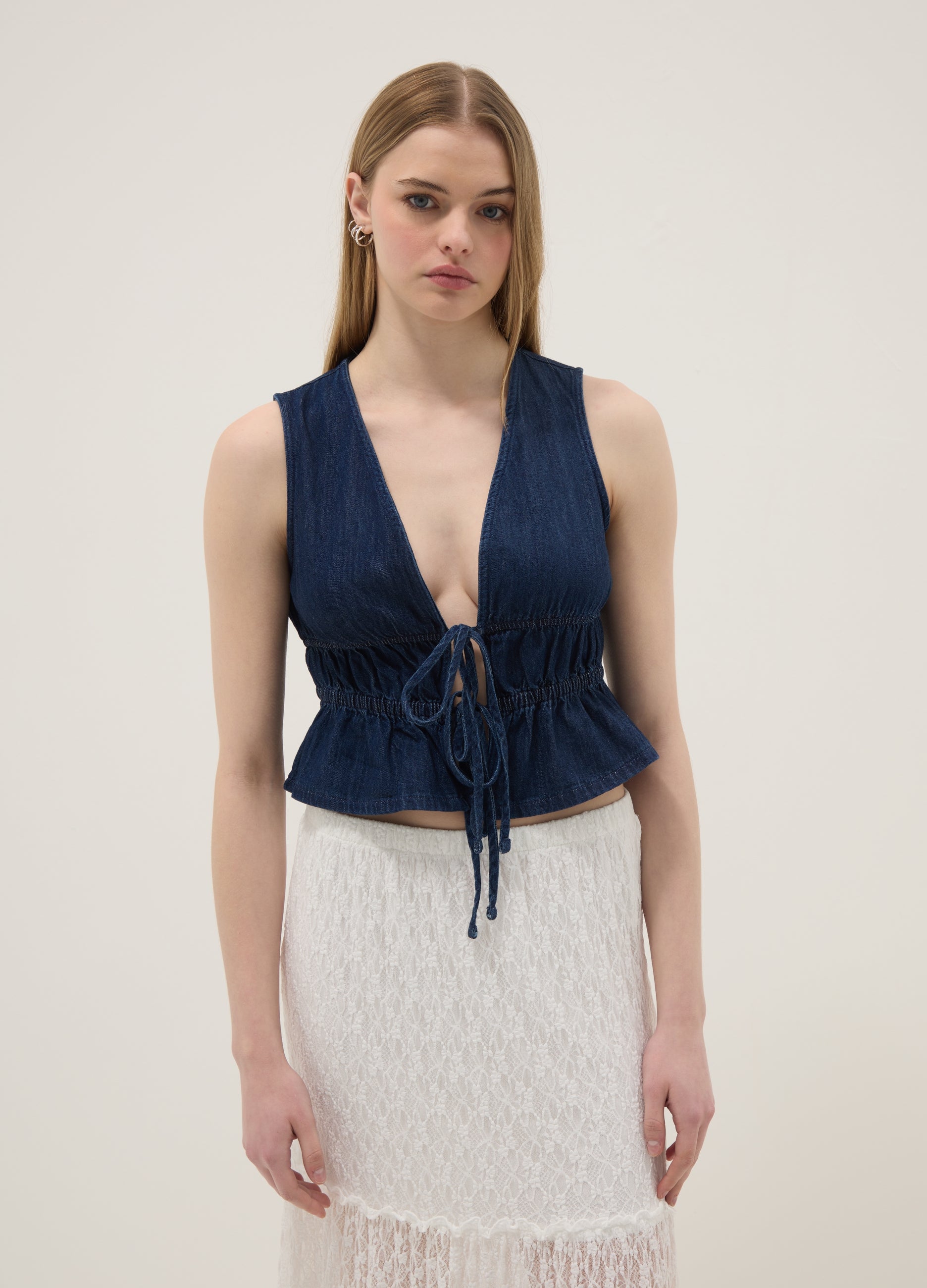 OVS Blue Sleeveless Denim Blouse In Pure Cotton, Slim Fit With Tie Fastening