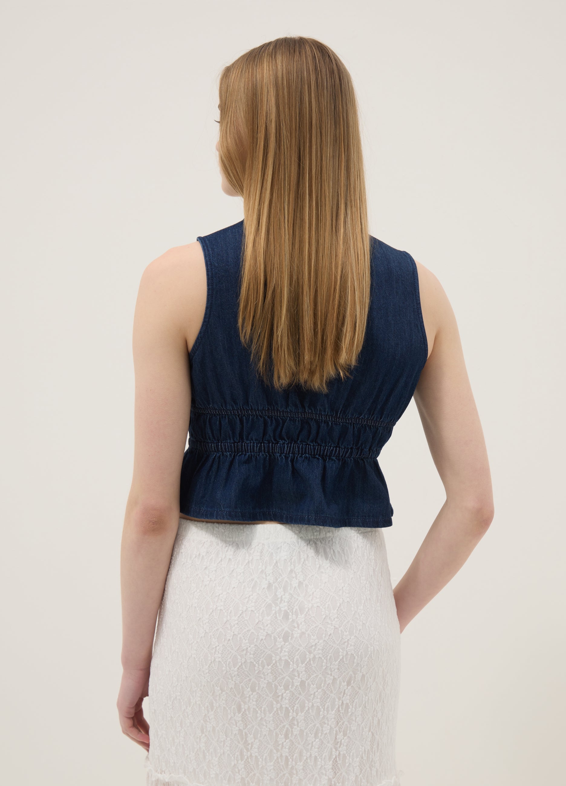 OVS Blue Sleeveless Denim Blouse In Pure Cotton, Slim Fit With Tie Fastening
