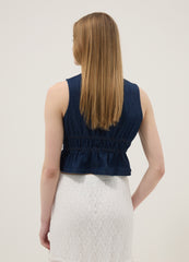 OVS Blue Sleeveless Denim Blouse In Pure Cotton, Slim Fit With Tie Fastening