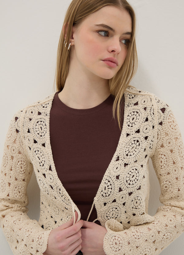 OVS Beige Cotton-Blend Regular-Fit Cardigan With Openwork Design