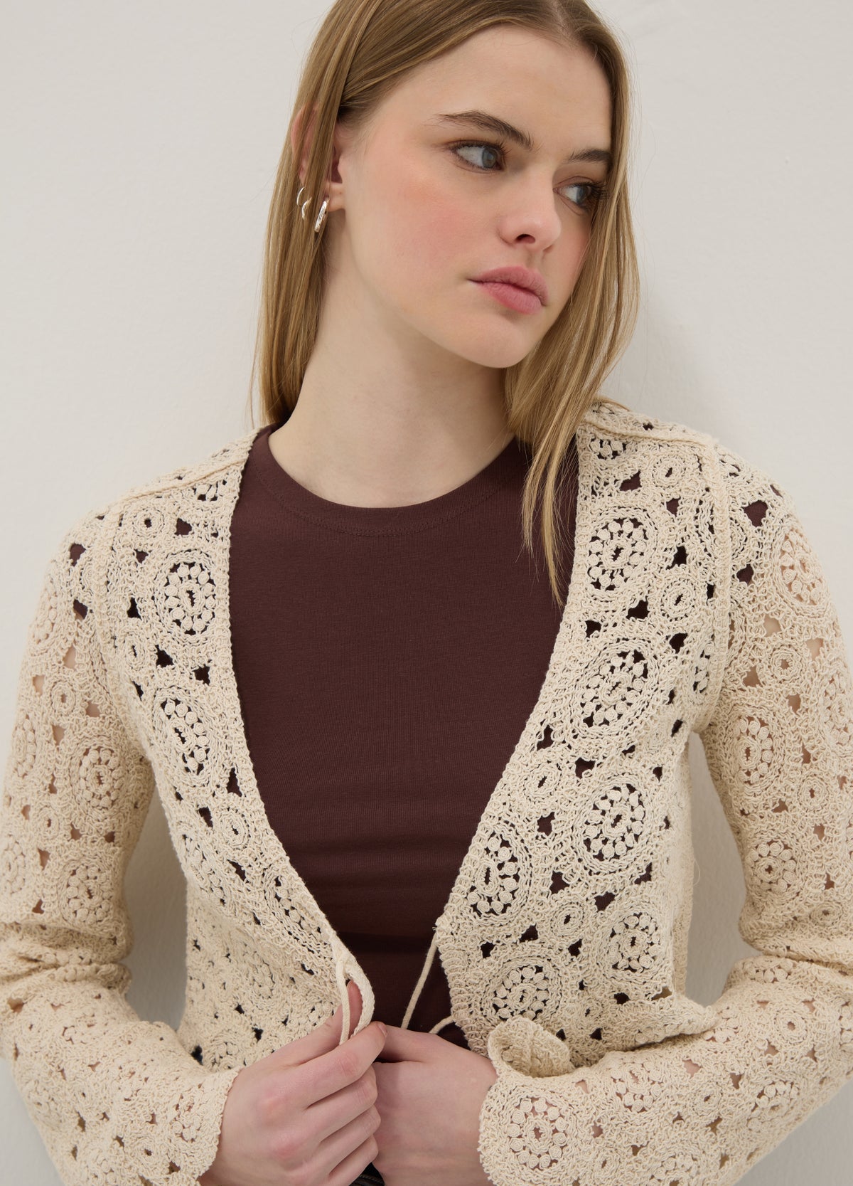 OVS Beige Cotton-Blend Regular-Fit Cardigan With Openwork Design