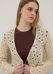 OVS Beige Cotton-Blend Regular-Fit Cardigan With Openwork Design