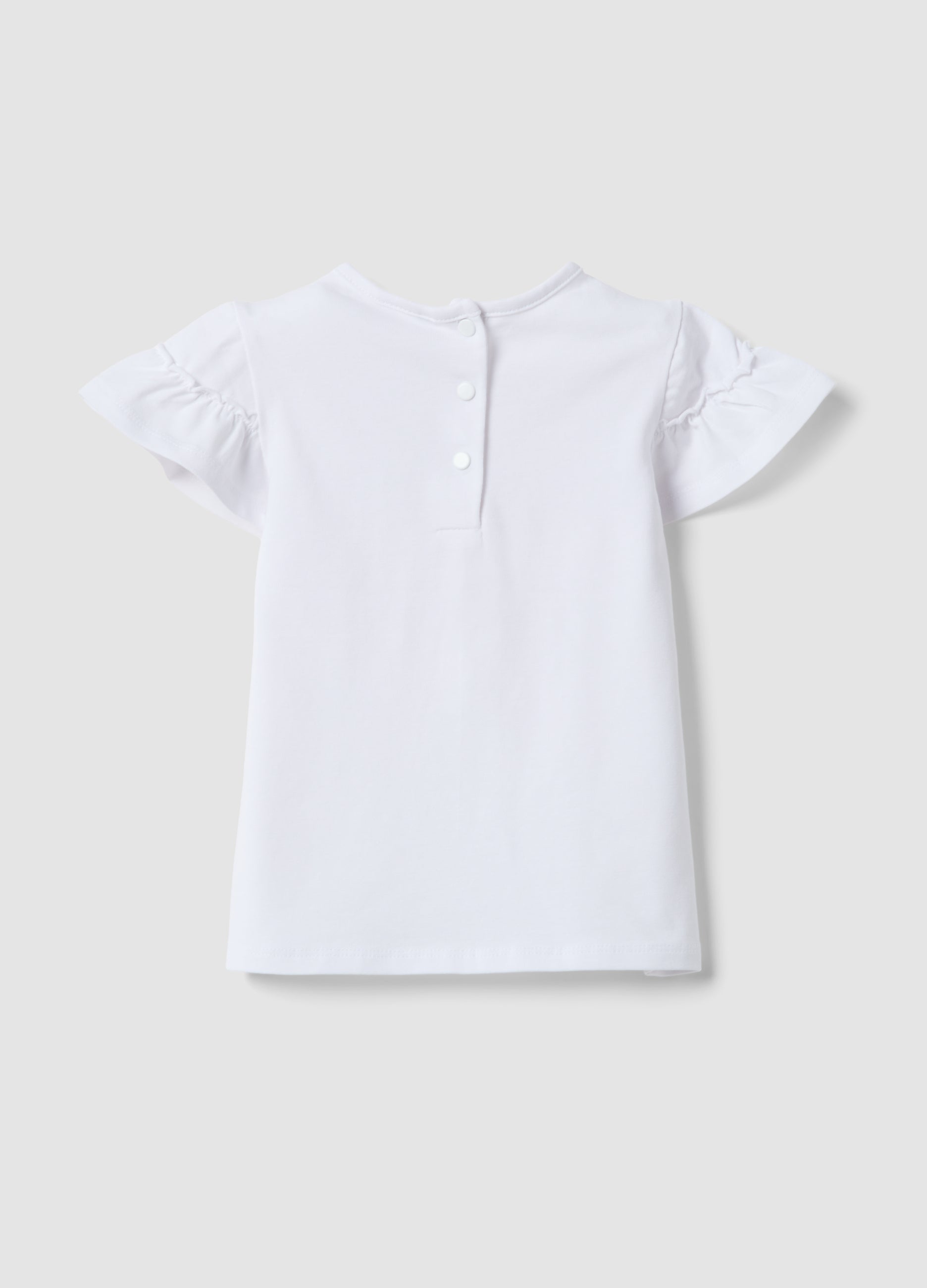 OVS Girls' Regular Fit White Stretch Cotton T-Shirt With Flowers