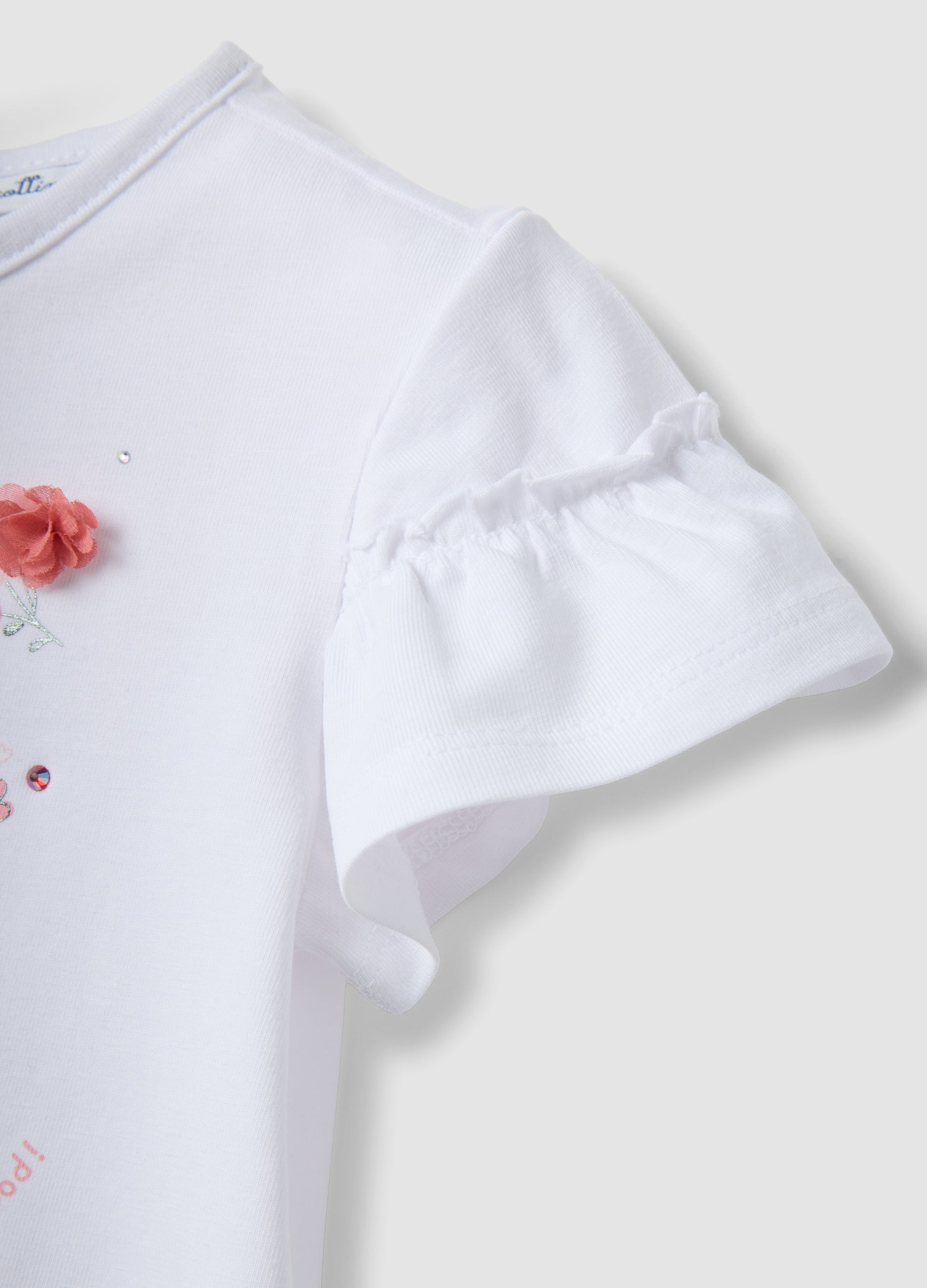 OVS Girls' Regular Fit White Stretch Cotton T-Shirt With Flowers