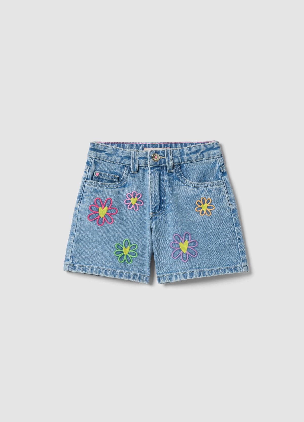 OVS Girl'S Regular Fit Light Blue Denim Cotton Shorts With Embroidery