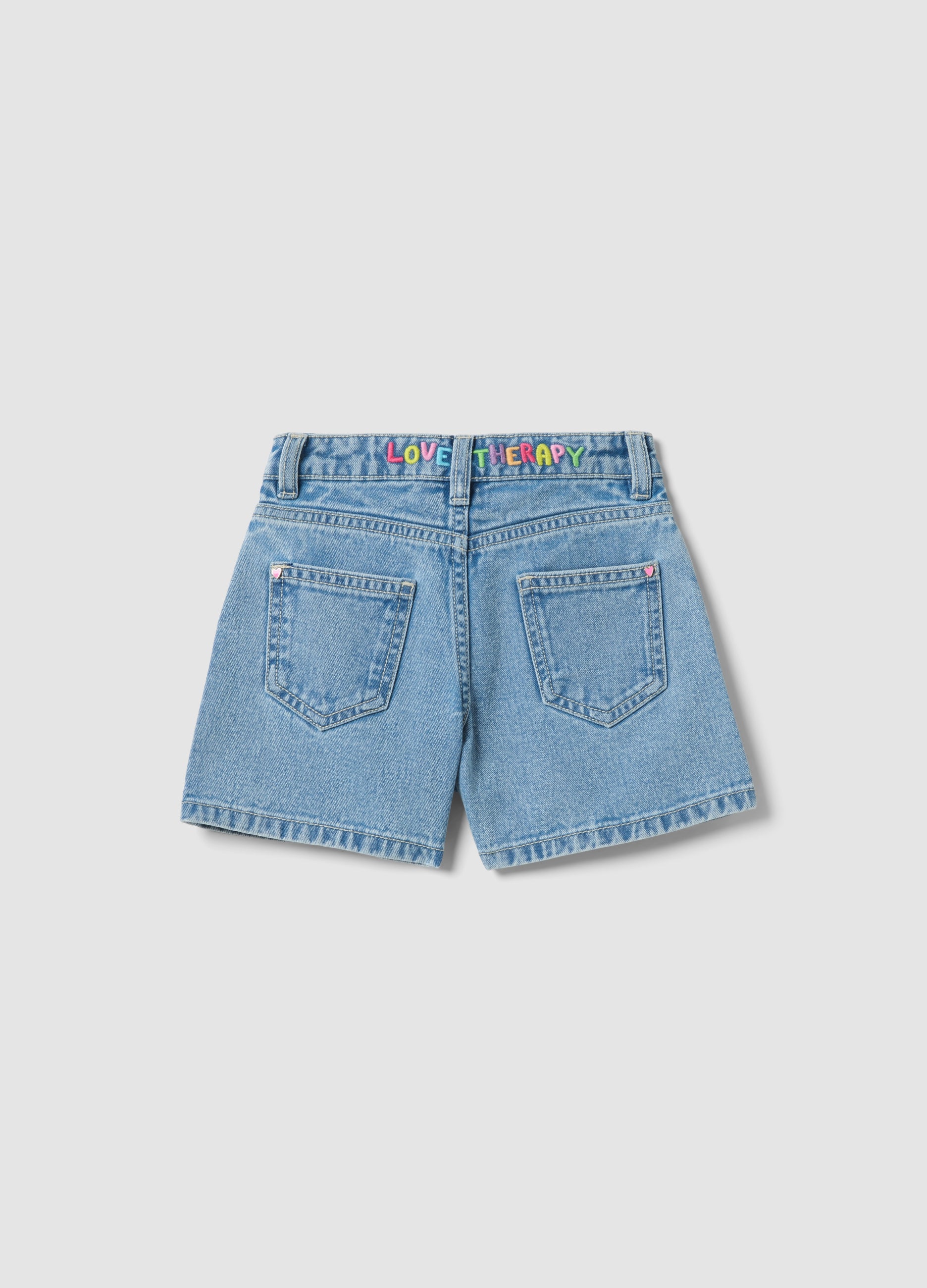 OVS Girl'S Regular Fit Light Blue Denim Cotton Shorts With Embroidery