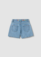 OVS Girl'S Regular Fit Light Blue Denim Cotton Shorts With Embroidery