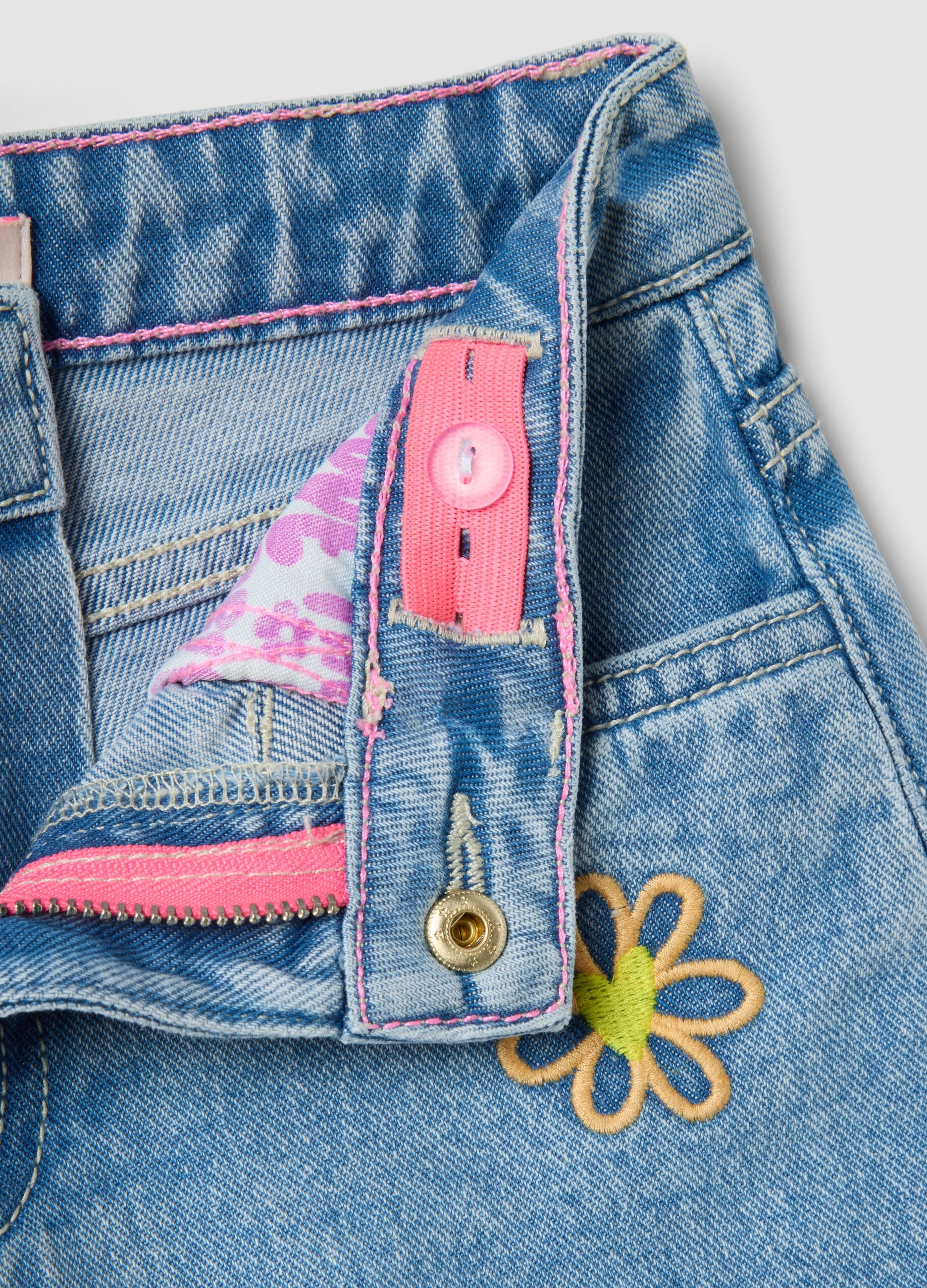 OVS Girl'S Regular Fit Light Blue Denim Cotton Shorts With Embroidery