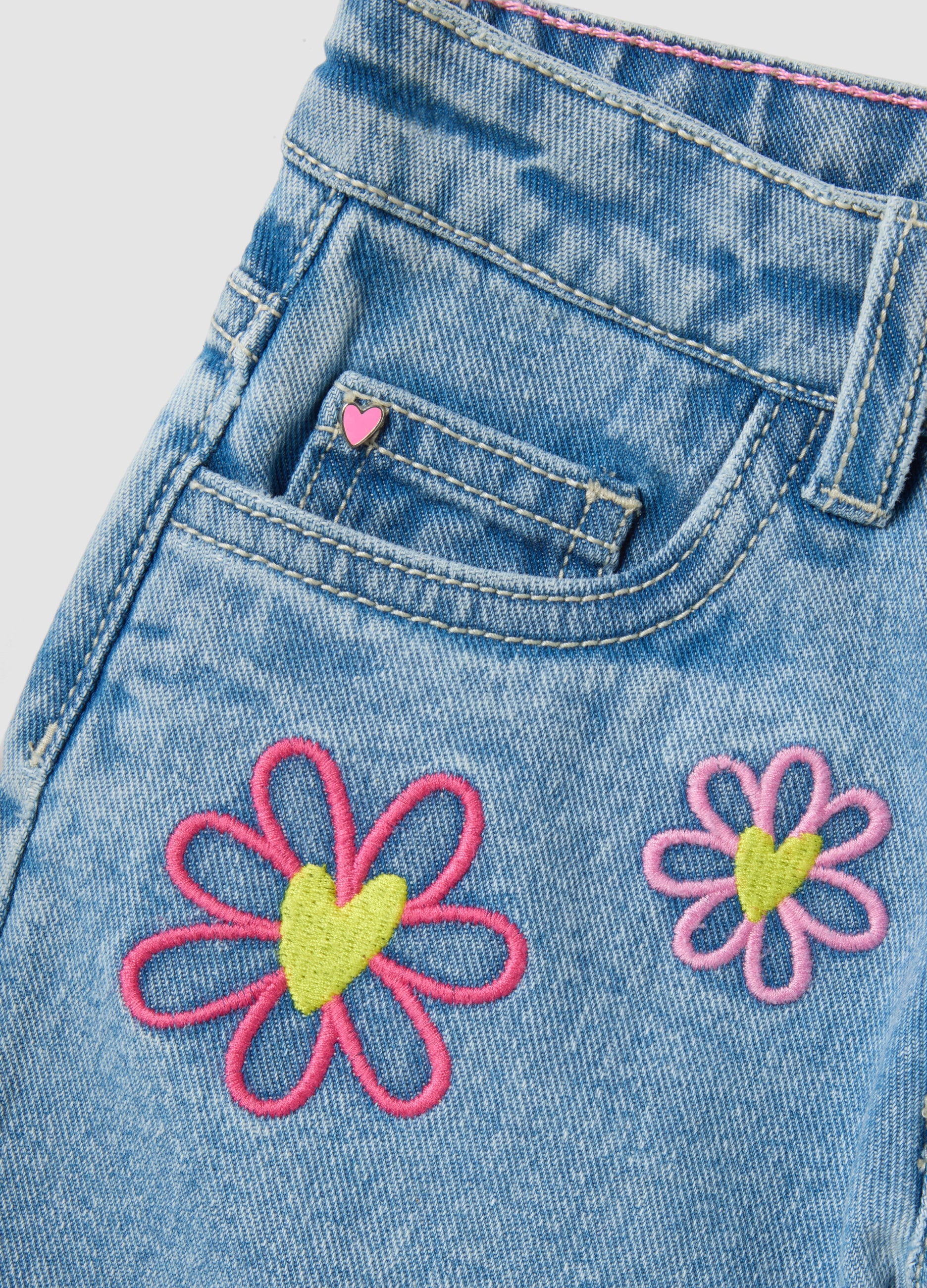 OVS Girl'S Regular Fit Light Blue Denim Cotton Shorts With Embroidery