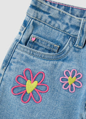 OVS Girl'S Regular Fit Light Blue Denim Cotton Shorts With Embroidery