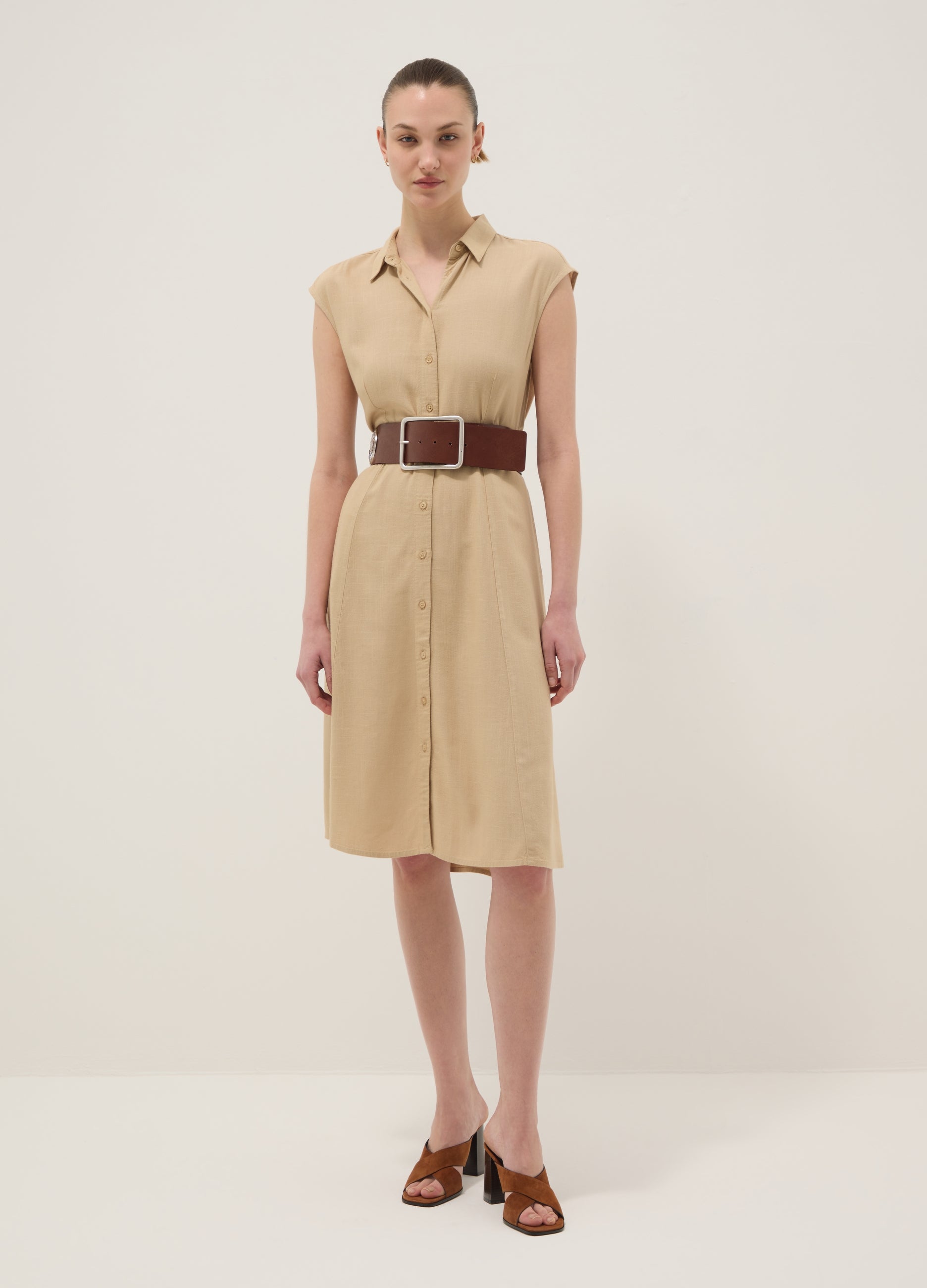 OVS Beige Viscose And Linen-Blend Shirt Dress, Regular Fit