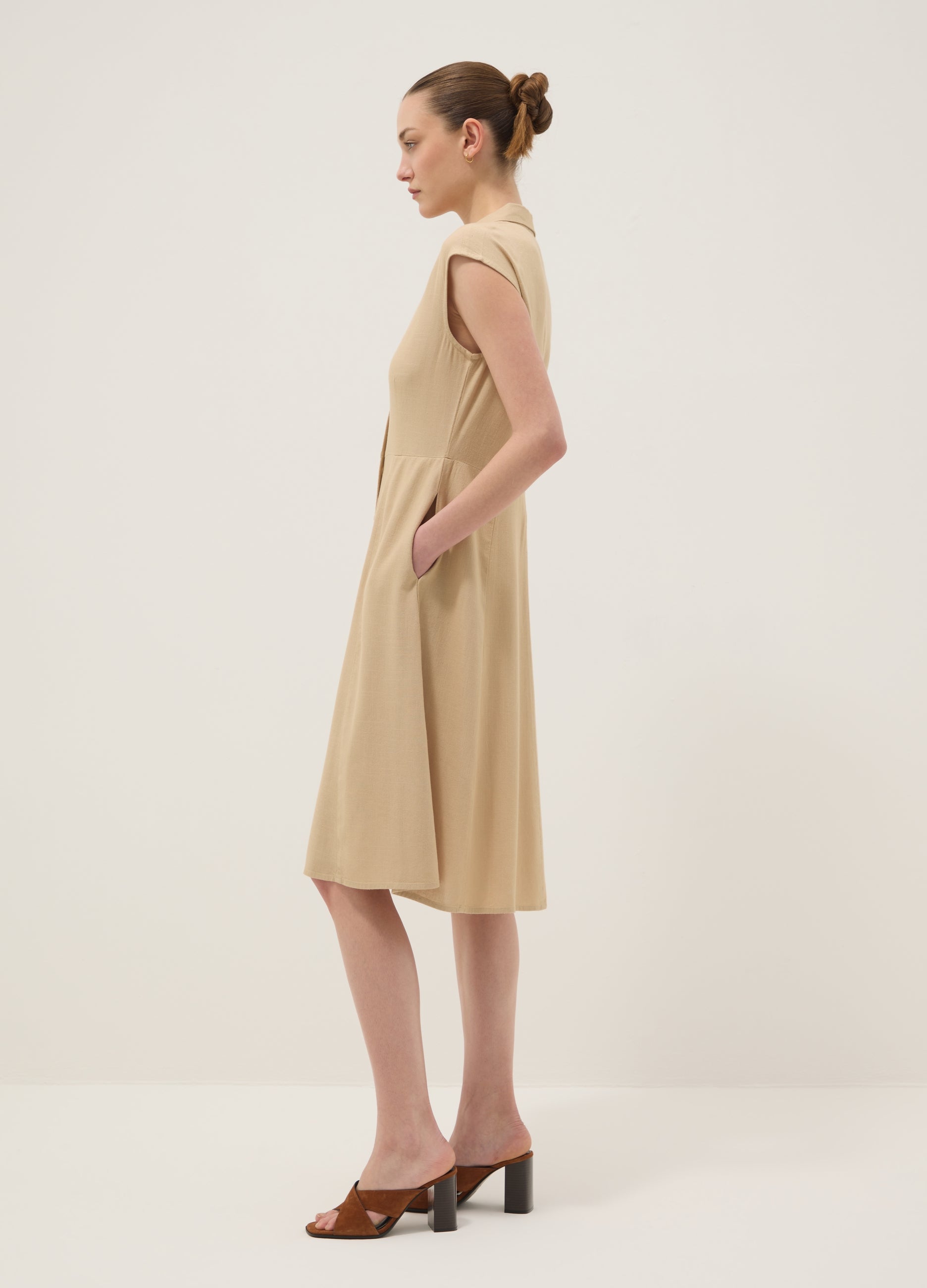 OVS Beige Viscose And Linen-Blend Shirt Dress, Regular Fit