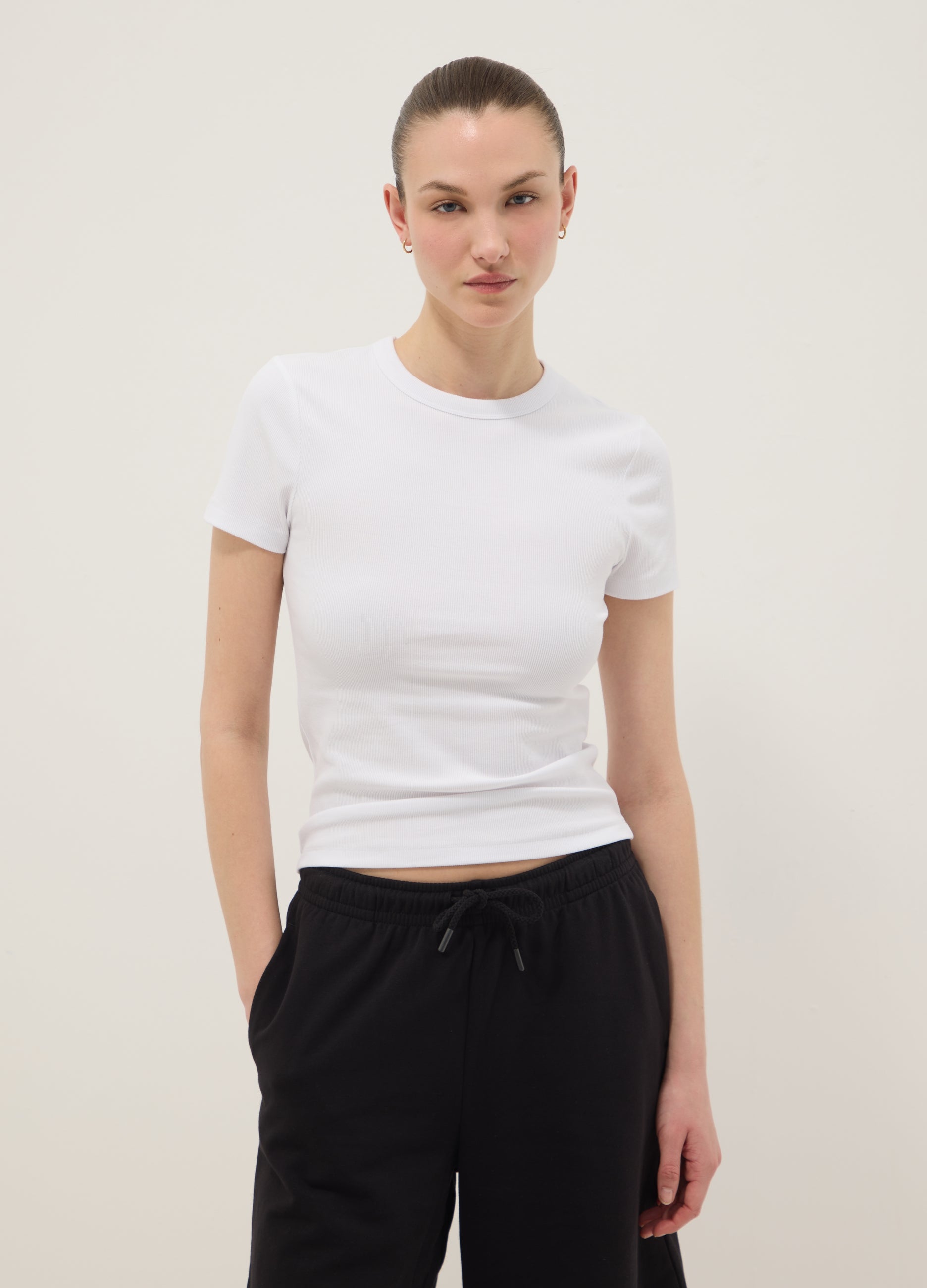 OVS White Fitted Short-Sleeve Stretch Cotton T-Shirt
