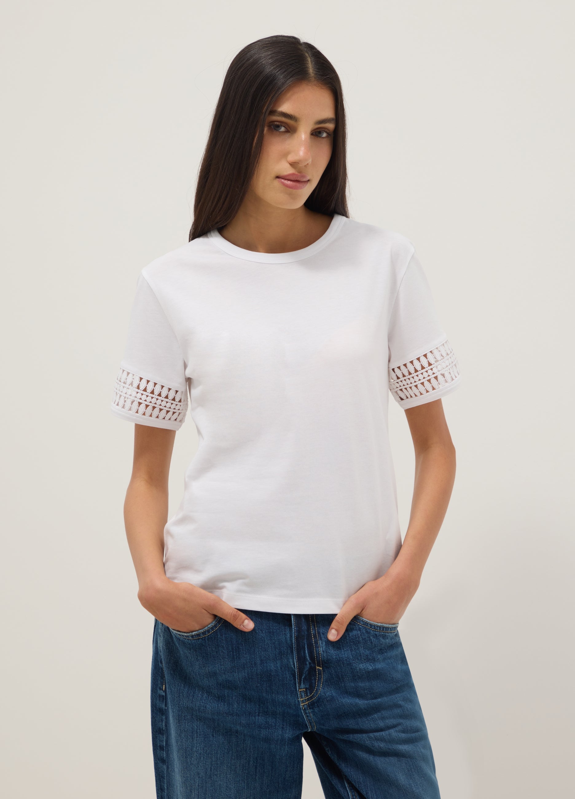 OVS White Pure Cotton T-Shirt With Lace Sleeves
