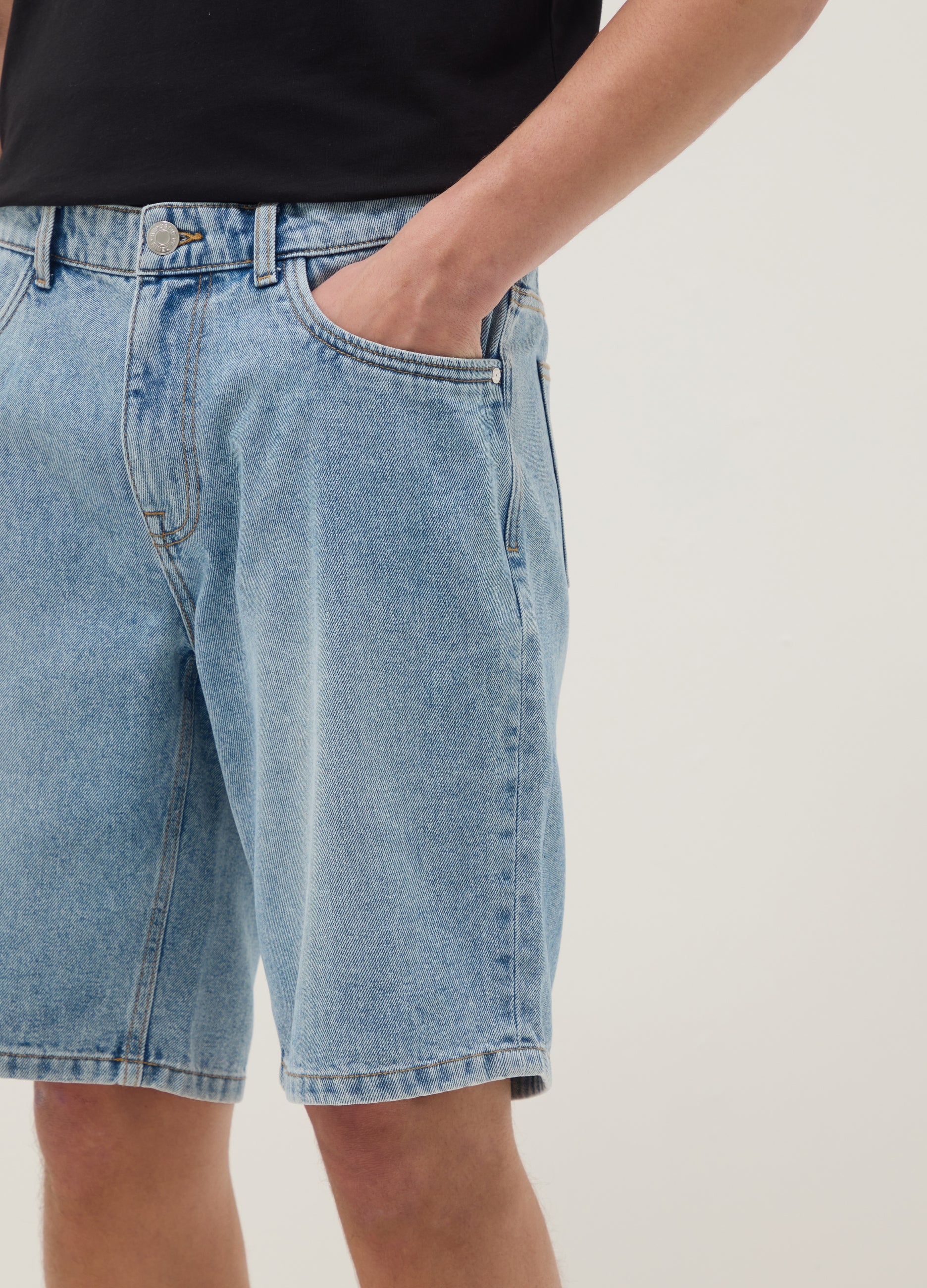OVS Blue Denim Bermuda Shorts In Cotton Blend, Regular Fit