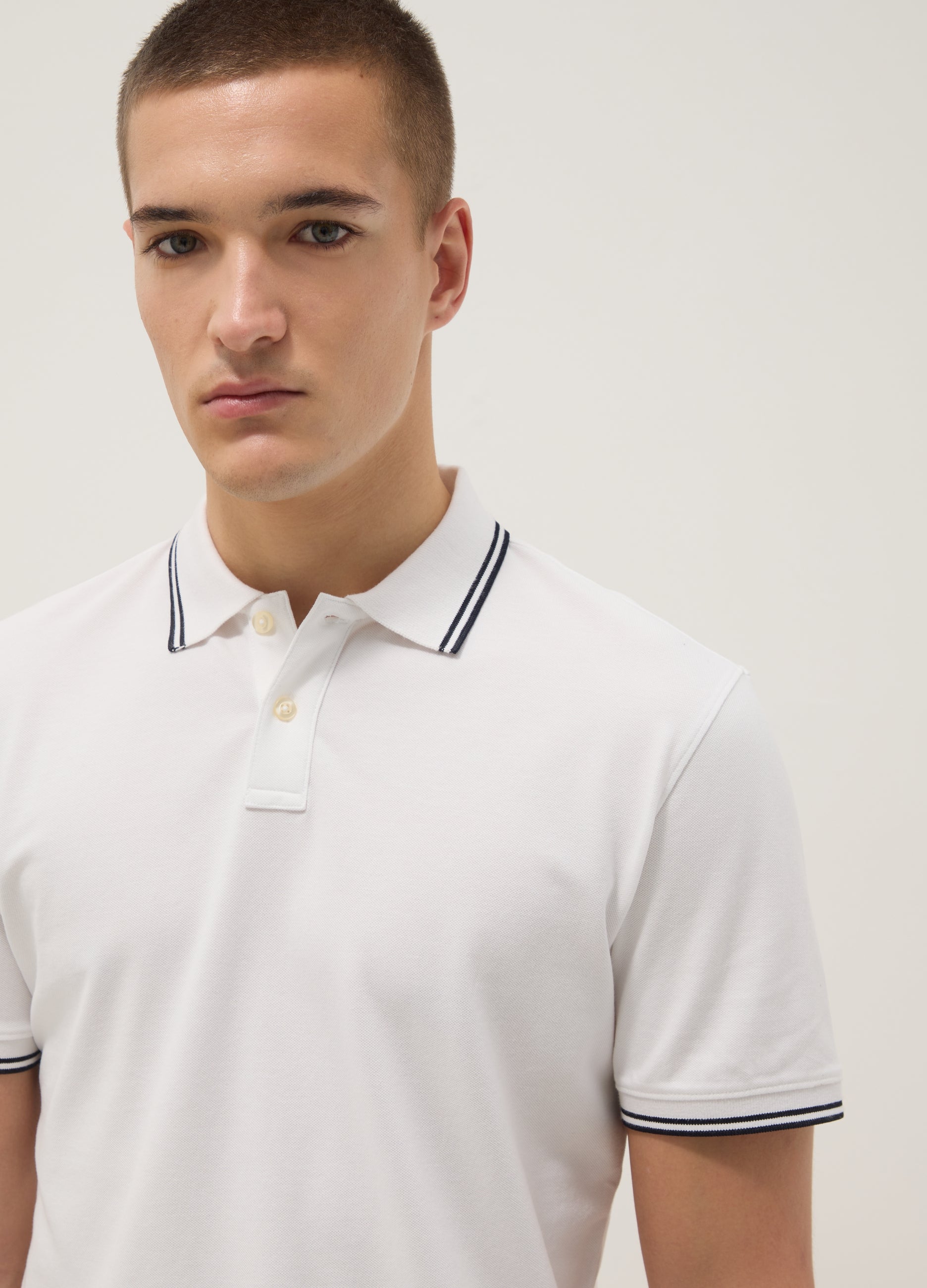 OVS White Stretch Cotton Polo Shirt, Regular Fit