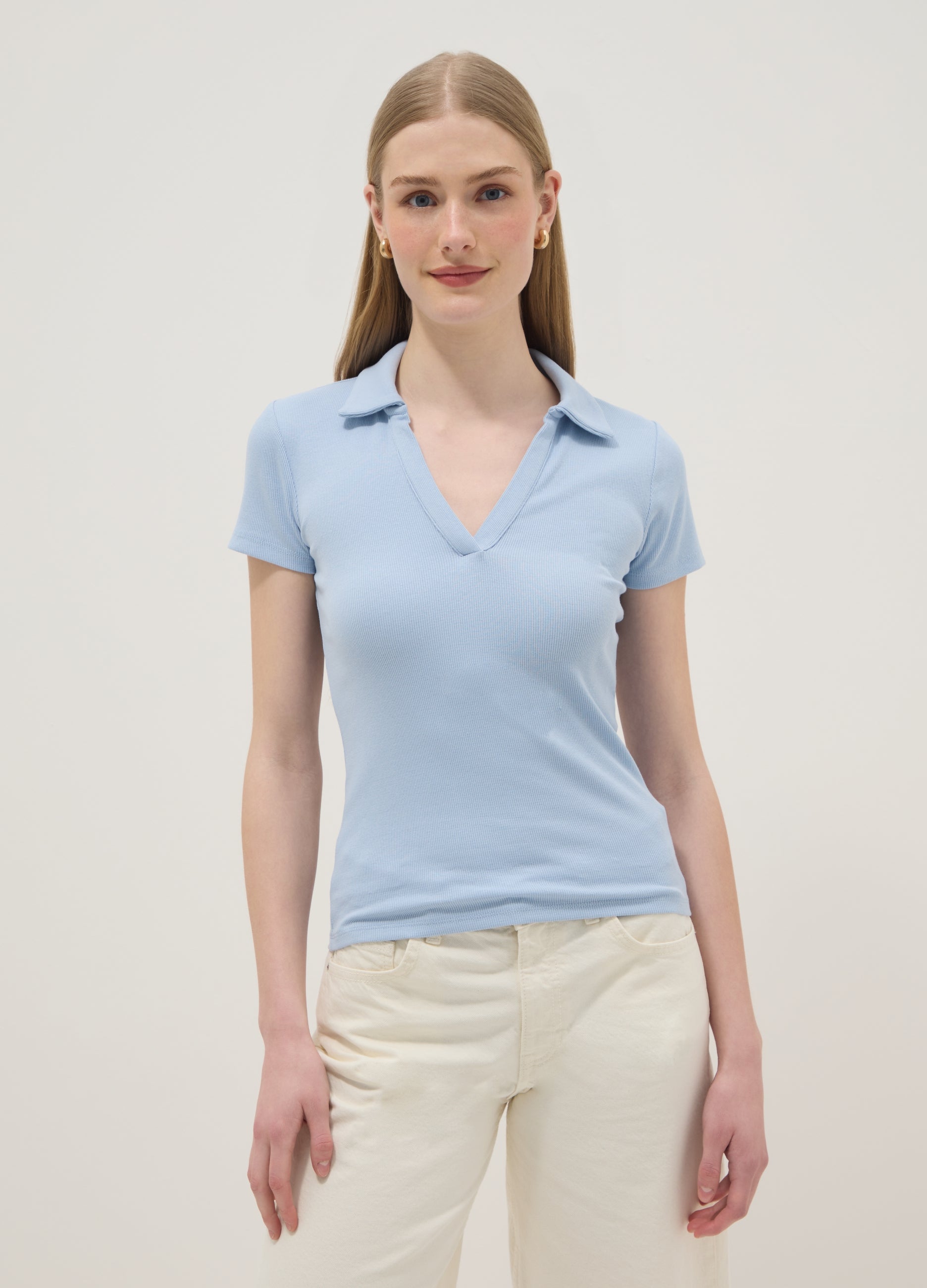 OVS Sky Blue Stretch Cotton Polo Regular Fit Deep V-Neck