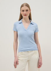 OVS Sky Blue Stretch Cotton Polo Regular Fit Deep V-Neck