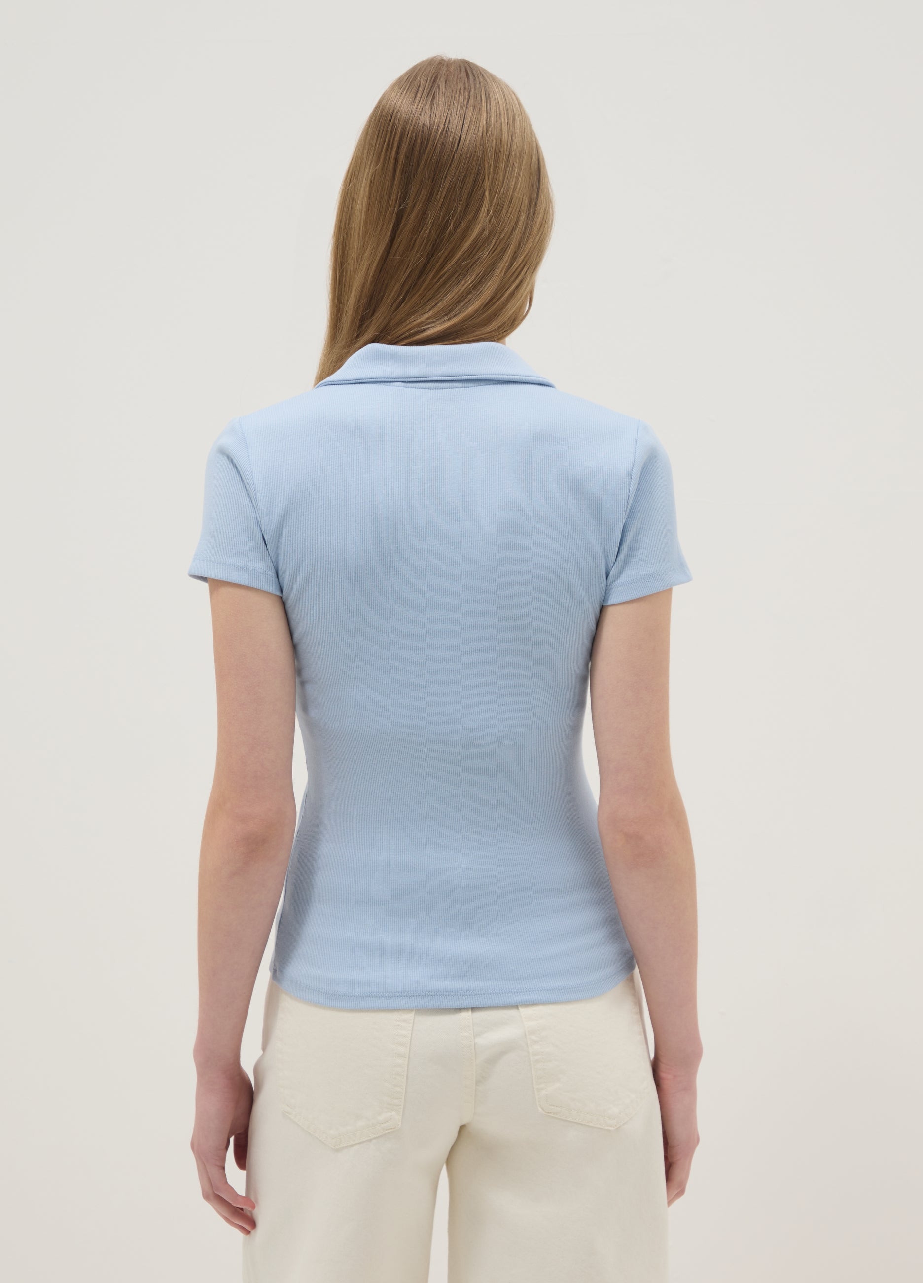 OVS Sky Blue Stretch Cotton Polo Regular Fit Deep V-Neck