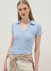 OVS Sky Blue Stretch Cotton Polo Regular Fit Deep V-Neck