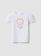 OVS White Stretchy Cotton Regular Fit Girl’S T-Shirt With Flower Embroidery
