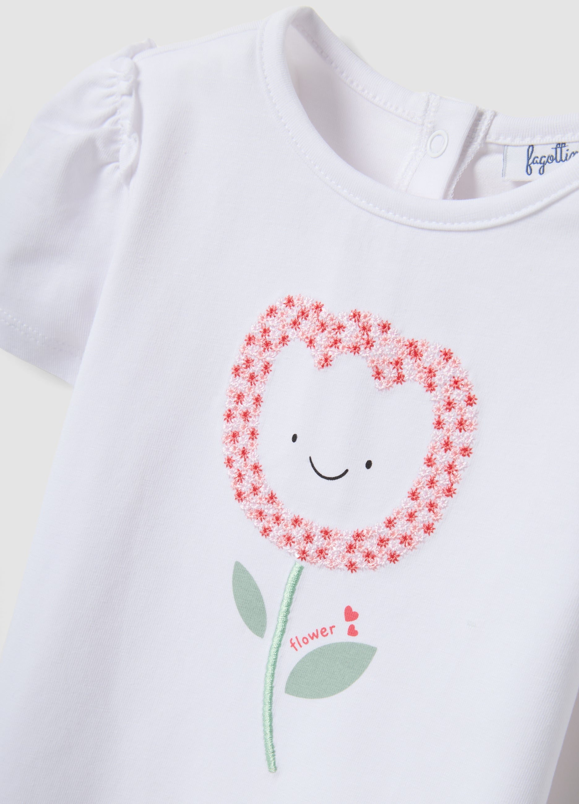 OVS White Stretchy Cotton Regular Fit Girl’S T-Shirt With Flower Embroidery