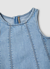 OVS Girls’ Light Blue Denim Sleeveless Dress In Cotton Blend, Oversized Fit