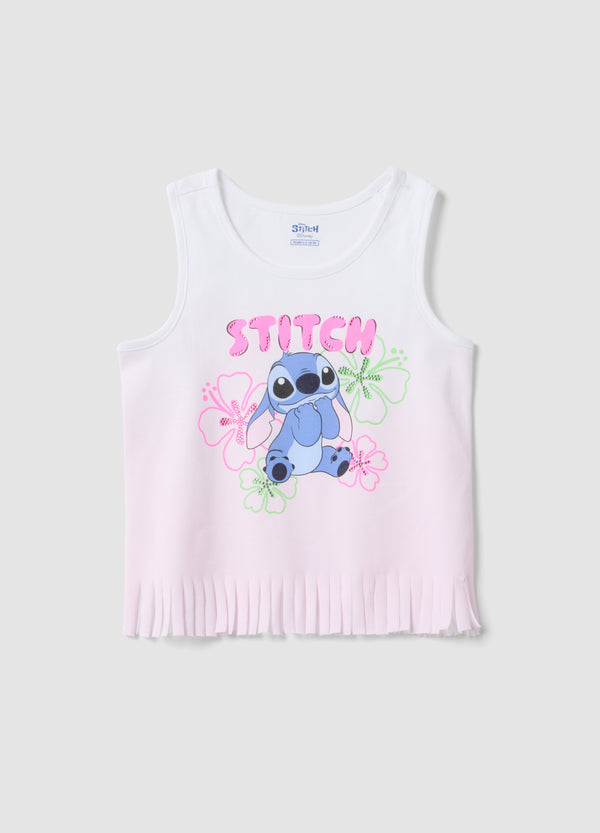 OVS White And Pink Pure Cotton Girls Vest Top With Fringes And Stitch