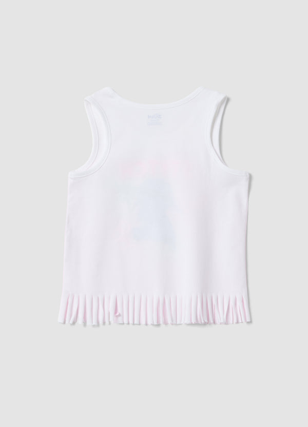OVS White And Pink Pure Cotton Girls Vest Top With Fringes And Stitch