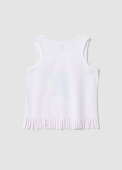 OVS White And Pink Pure Cotton Girls Vest Top With Fringes And Stitch