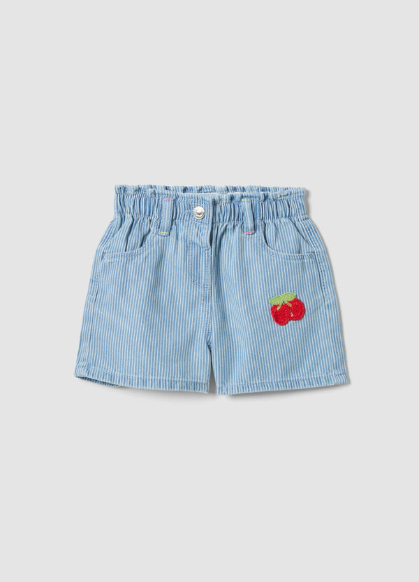 OVS Girls’ Light Blue Striped Cotton-Blend Shorts With Cherry Embroidery