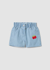 OVS Girls’ Light Blue Striped Cotton-Blend Shorts With Cherry Embroidery