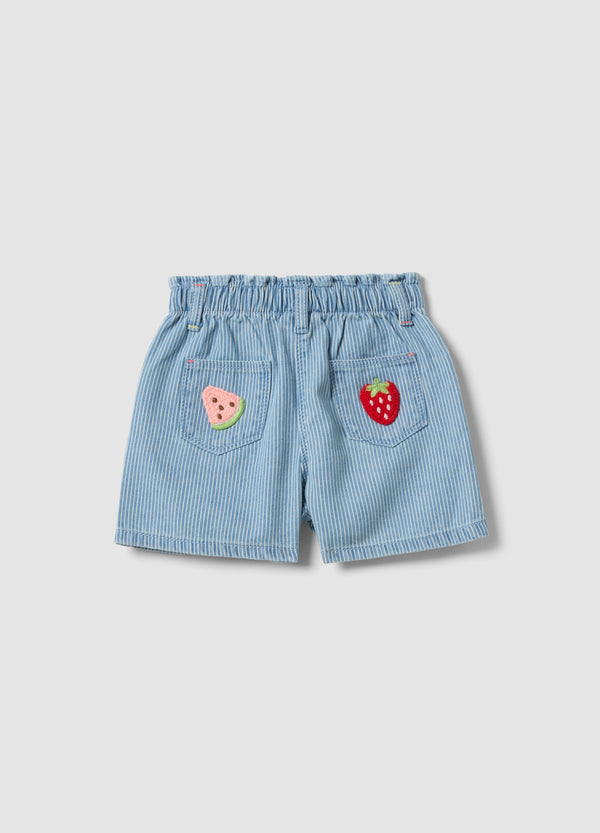 OVS Girls’ Light Blue Striped Cotton-Blend Shorts With Cherry Embroidery