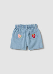 OVS Girls’ Light Blue Striped Cotton-Blend Shorts With Cherry Embroidery