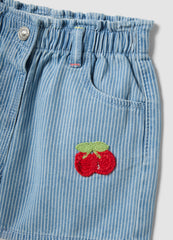 OVS Girls’ Light Blue Striped Cotton-Blend Shorts With Cherry Embroidery