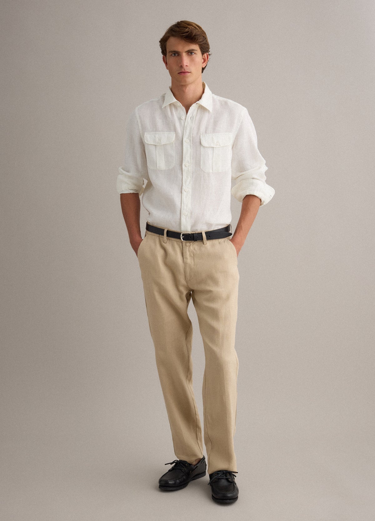 OVS Beige Pure Linen Chino Trousers, Regular Fit