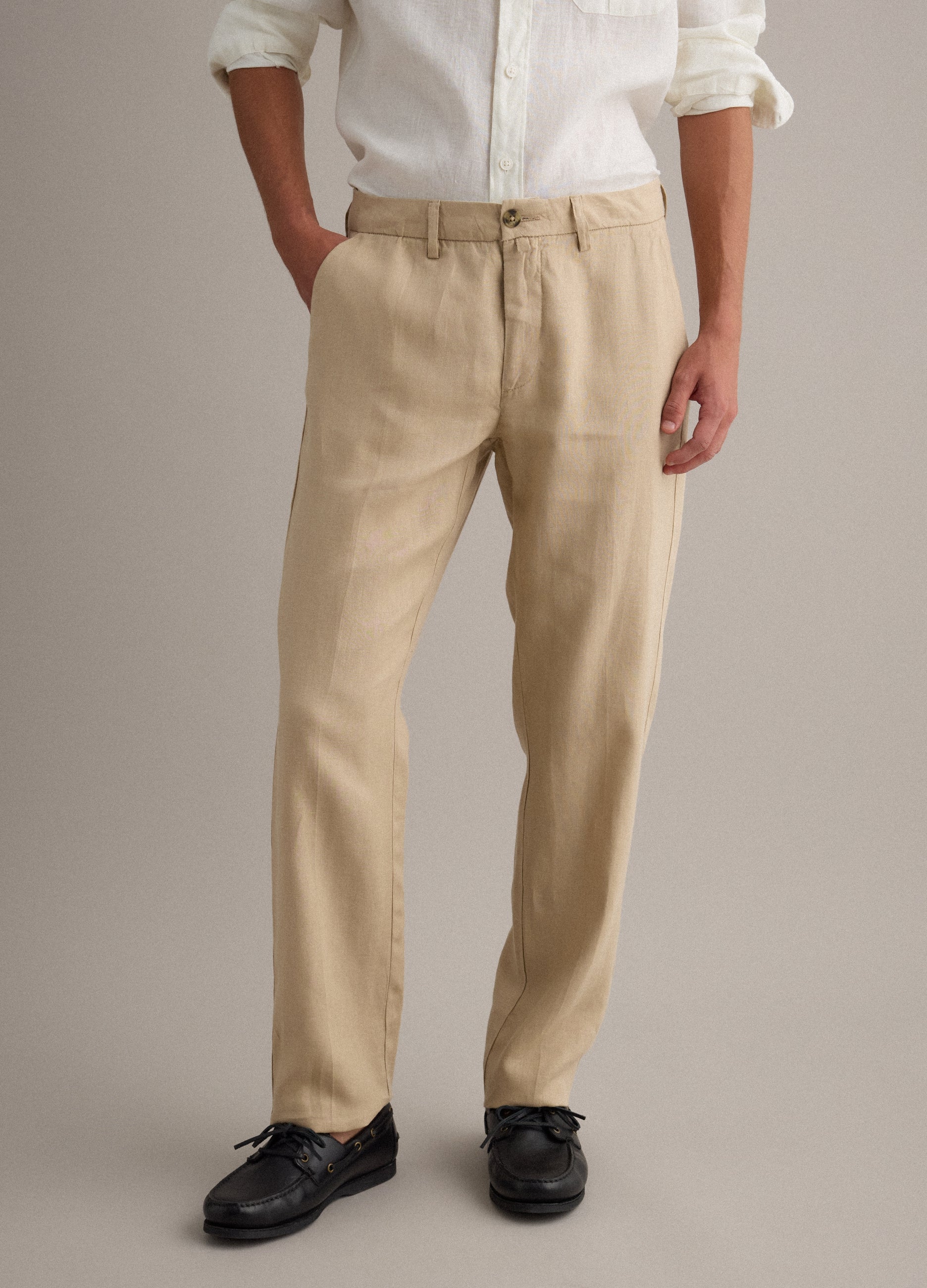 OVS Beige Pure Linen Chino Trousers, Regular Fit