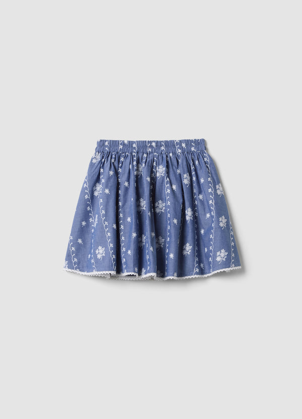 OVS Blue Pure Cotton Mini Skirt With Embroidery